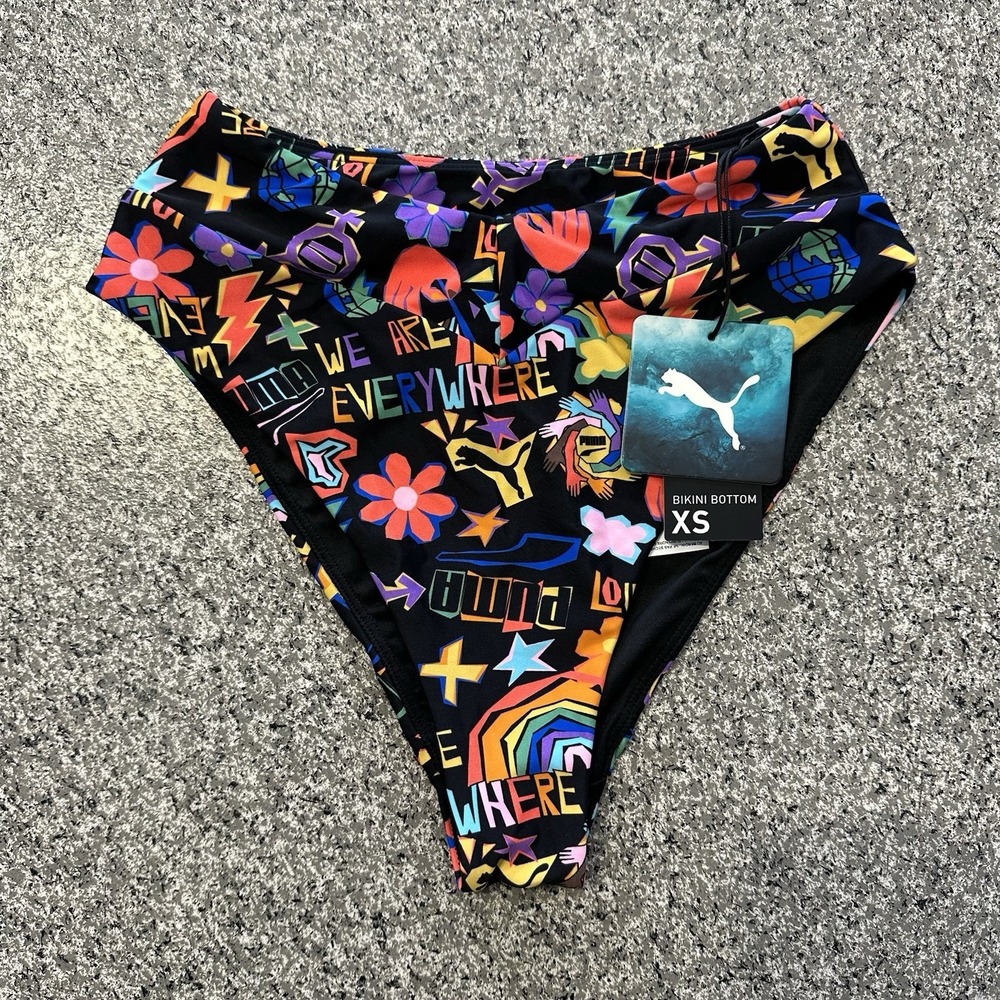 Puma Bikini Bottoms Womens XS AOP Logo Black High Waisted Pride Love